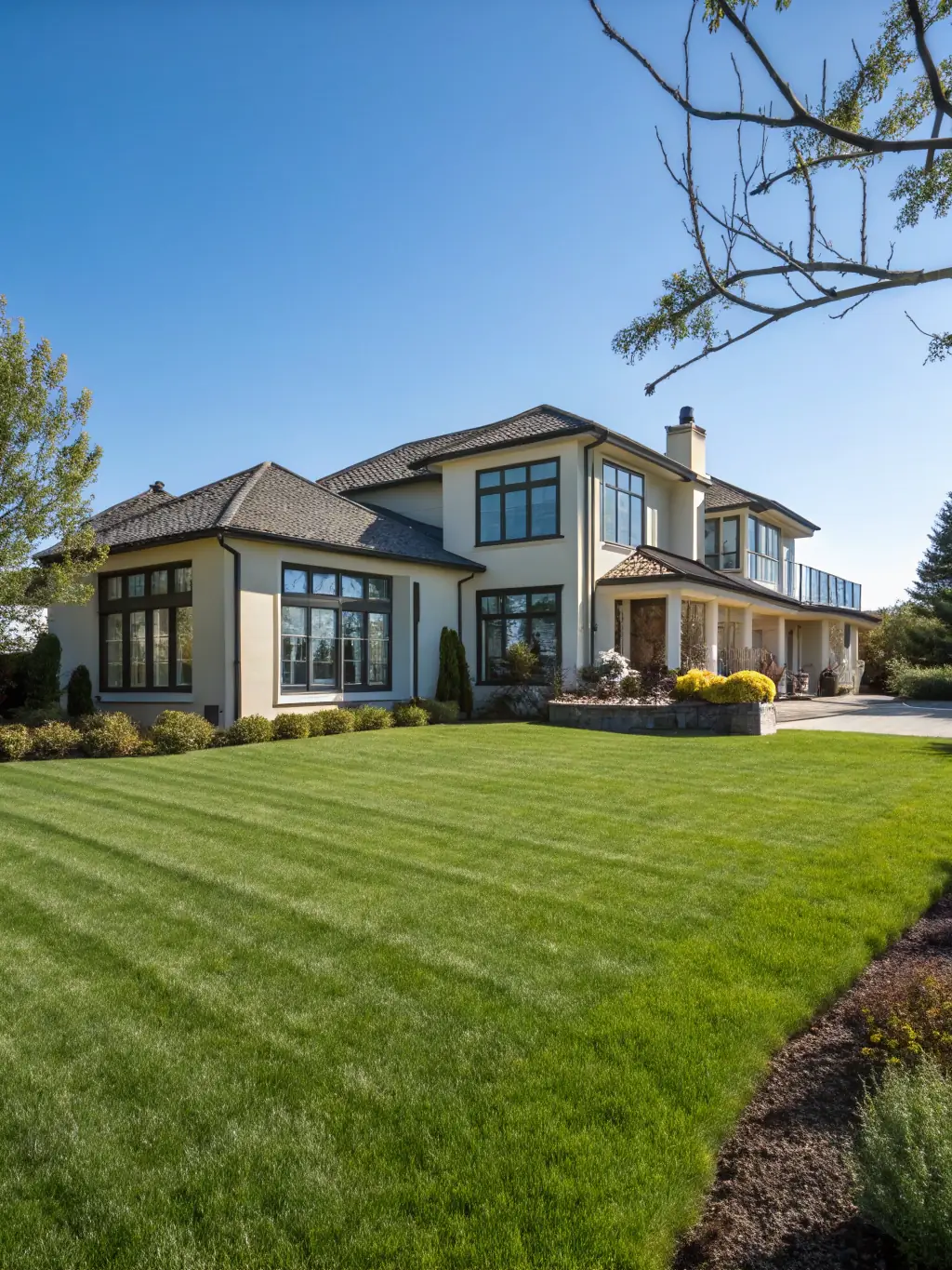 A photorealistic rendering of a modern house exterior with lush landscaping, showcasing Azrender's real estate rendering service.